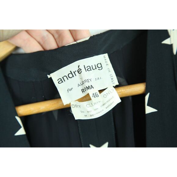 Vintage 80s Andre Laug Black Silk Star Dress Belted Designer M Cocktail Wrap - Picture 3 of 11